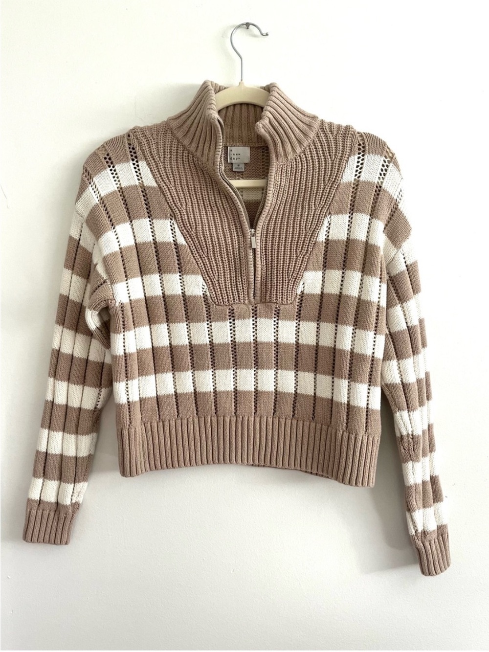 A new day Taupe White Striped Half-Zip Turtleneck Cropped Preppy Polo Sweater S